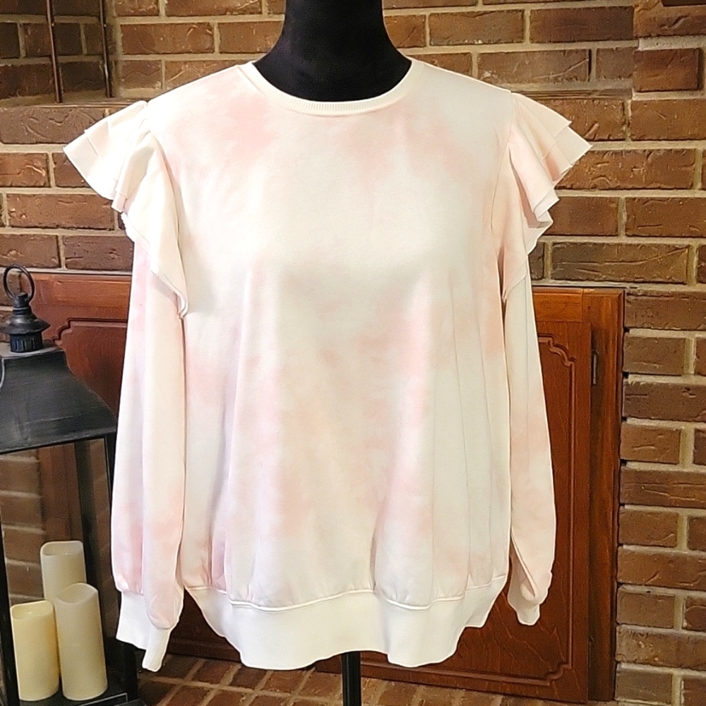 1 State Womens Sweater‎ Pink White Ruffled Shoulders Size 1X